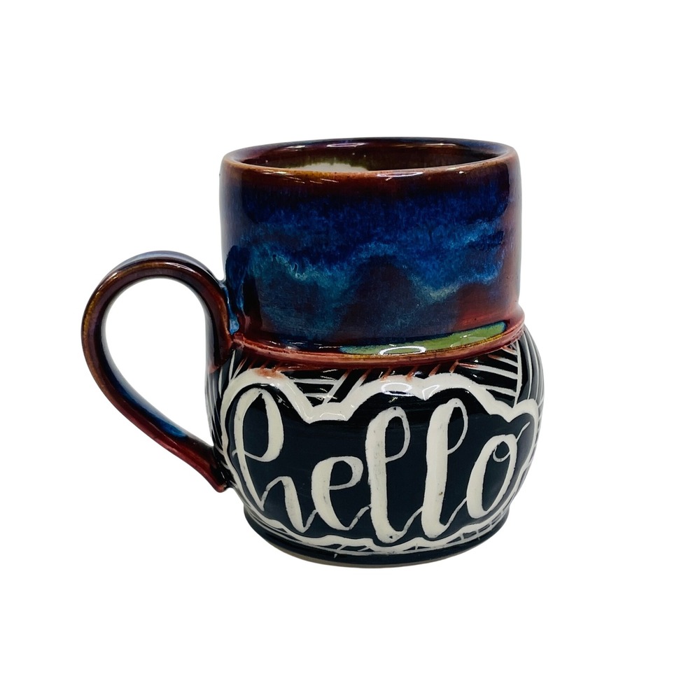 Studio Pottery Hello Mug Blue Red Drip Glaze Sgraffito Black White Handcrafted